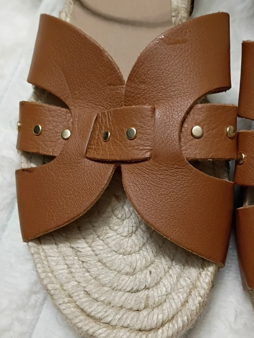 Bruno Magli Perla Tan Leather Espadrille Sandals with Gold Studs New With Flaws
